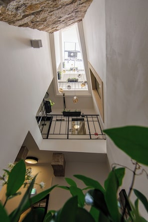A view from a balcony with a skylight, a railing, and a plant in the foreground. - APLEND Paul Inn (Bratislava)