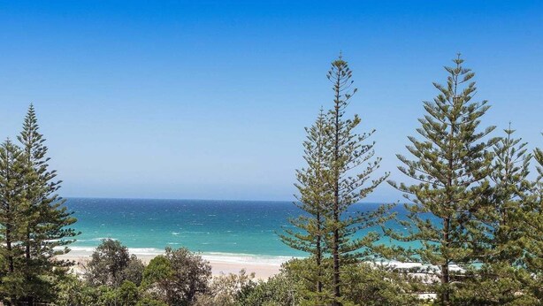 A coastal landscape with a clear view of the ocean and beach, surrounded by trees. - Escape on the Esplanade (Gold Coast)