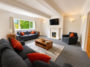 A living room with a fireplace, a television mounted on the wall, and a large window with curtains. - Large holiday cottage in West Wales with free entry to Bird of Prey Centre (Carmarthen)