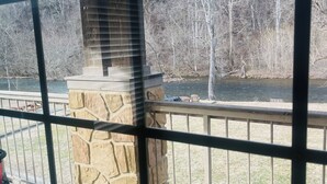 Una chimenea de piedra con un pasamanos metálico frente a una ventana que da a un área con césped y árboles.