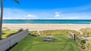 Blick auf einen Strand mit einer Rasenfläche, einer Holzbank und einer Palme.