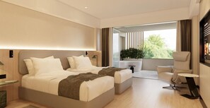 Una habitación de hotel moderna con una cama grande, una zona de estar y vistas al exterior.