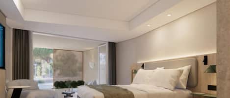 Un dormitorio moderno con una cama grande, mesitas de noche, una zona de estar y vistas al exterior.