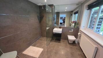 Shower, towels, soap, toilet paper