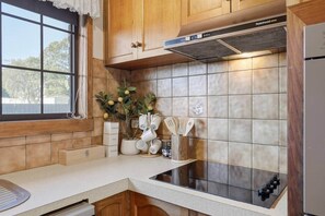 A kitchen with wooden cabinets, a built-in stove, a window, and a potted plant.