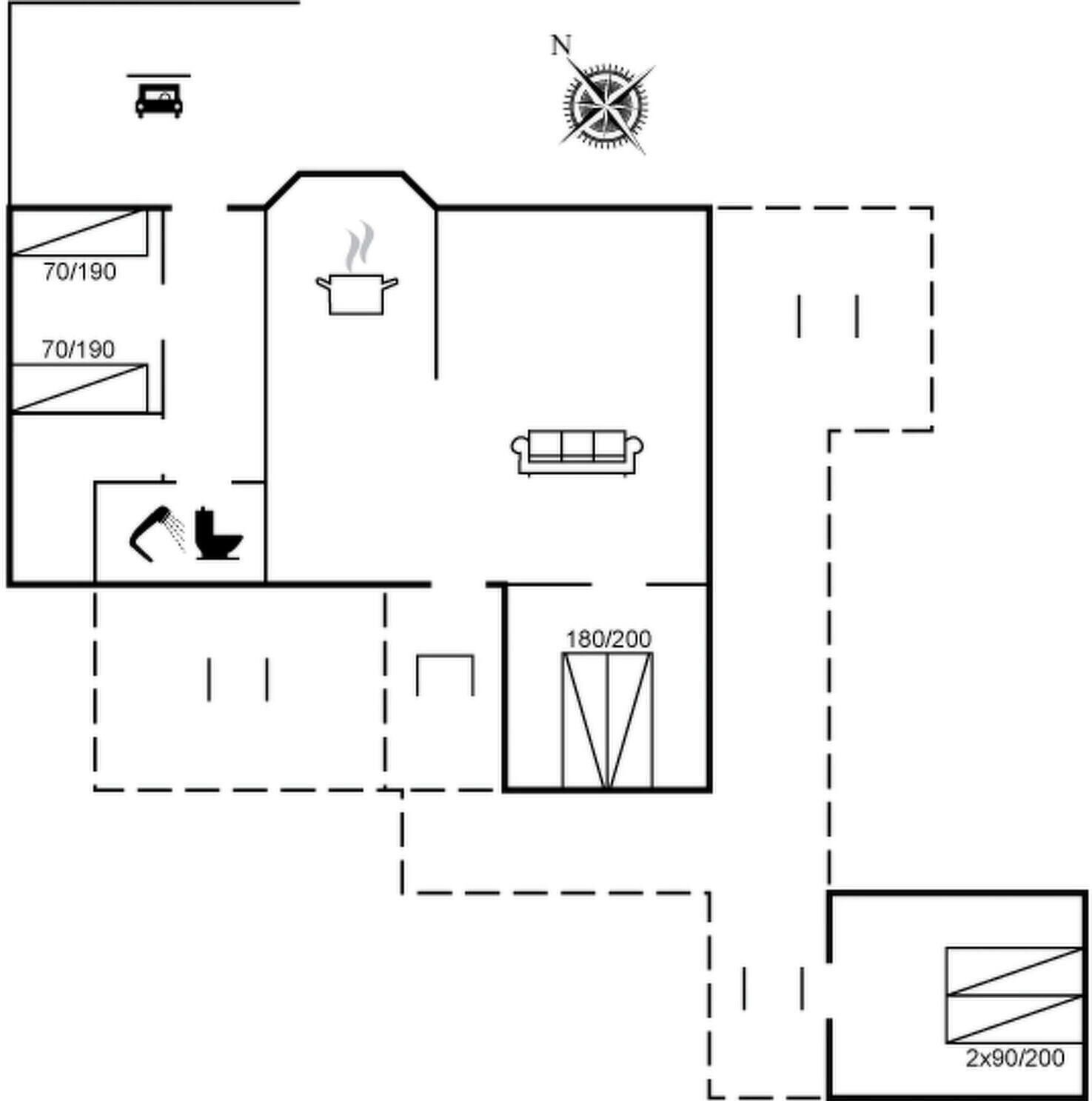 A floor plan with a kitchen, a living area, and a bathroom.