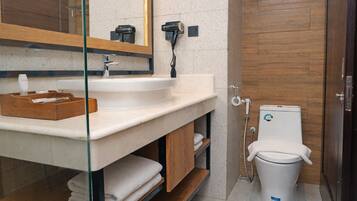 Shower, towels, toilet paper