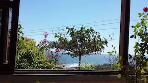 A view through a window with a balcony, featuring a tree, pink flowers, and a distant view of the sea. - Room-el Zonte Tiki Surf, Ocean-view Po (Chiltiupan)