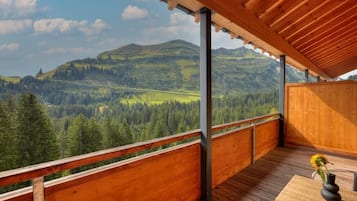 A wooden balcony with a view of a forested valley and mountains.