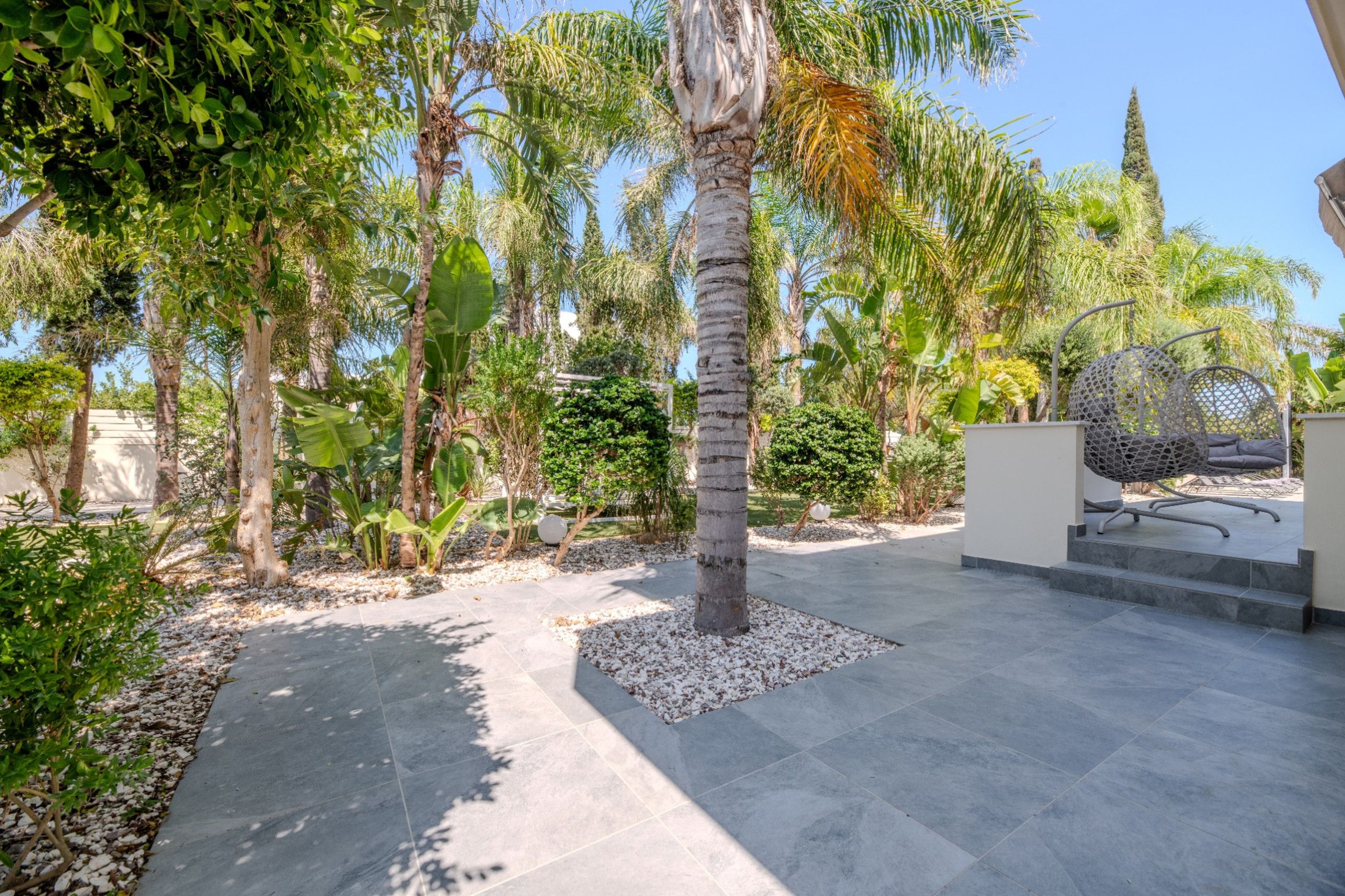 Ein Garten mit verschiedenen Bäumen, einem gepflasterten Weg und Gartenmöbeln.