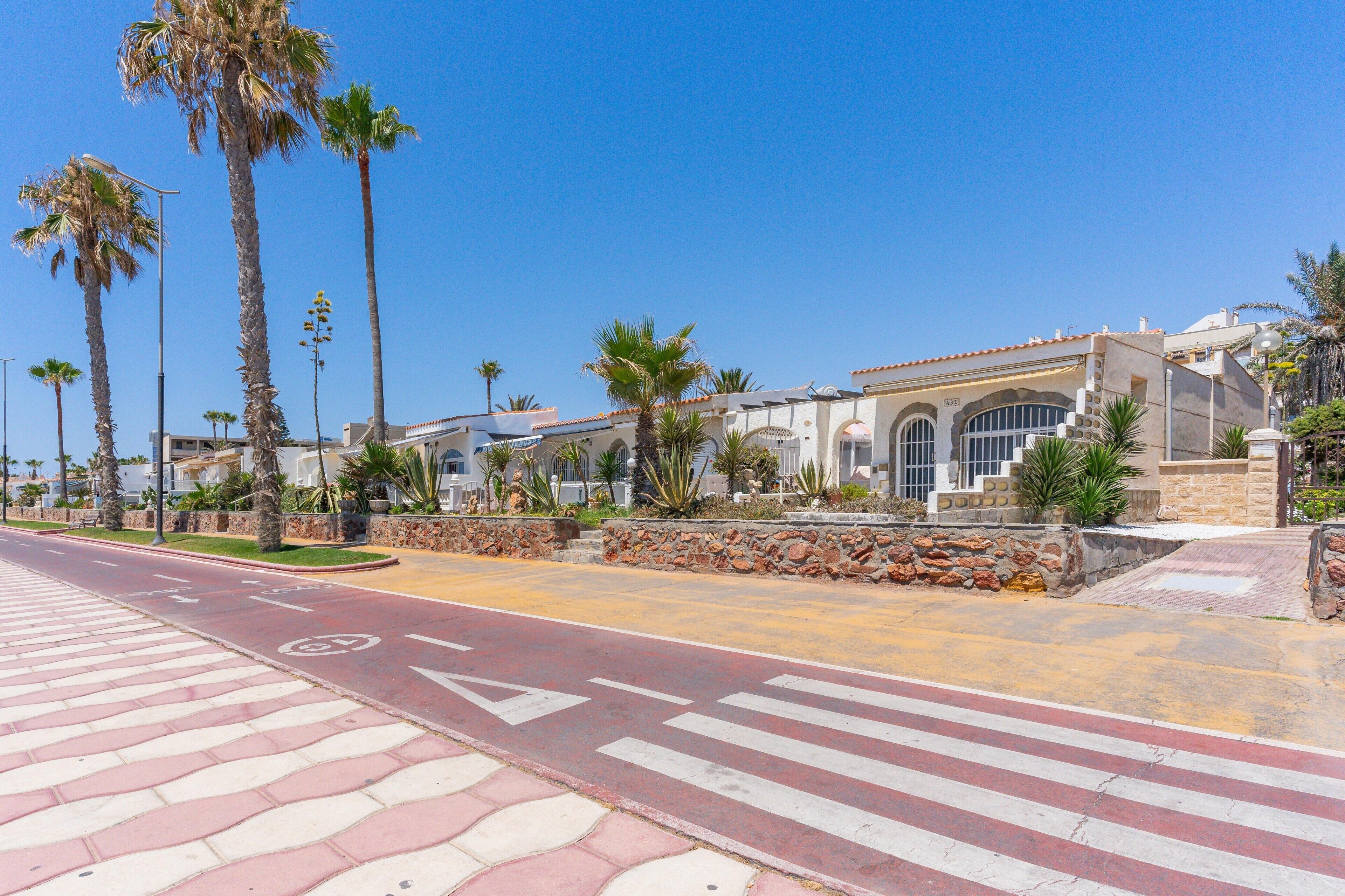 Calle con palmeras, un paso de peatones y un edificio de fachada de piedra.