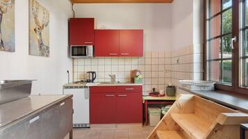 Coffee/tea maker, fridge, microwave, oven