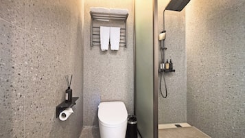 Une salle de bain moderne équipée d’une douche, de toilettes et d’un porte-serviettes.