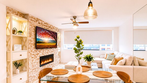 A modern living room with a fireplace, a dining area with glass-top table, and a sofa set.