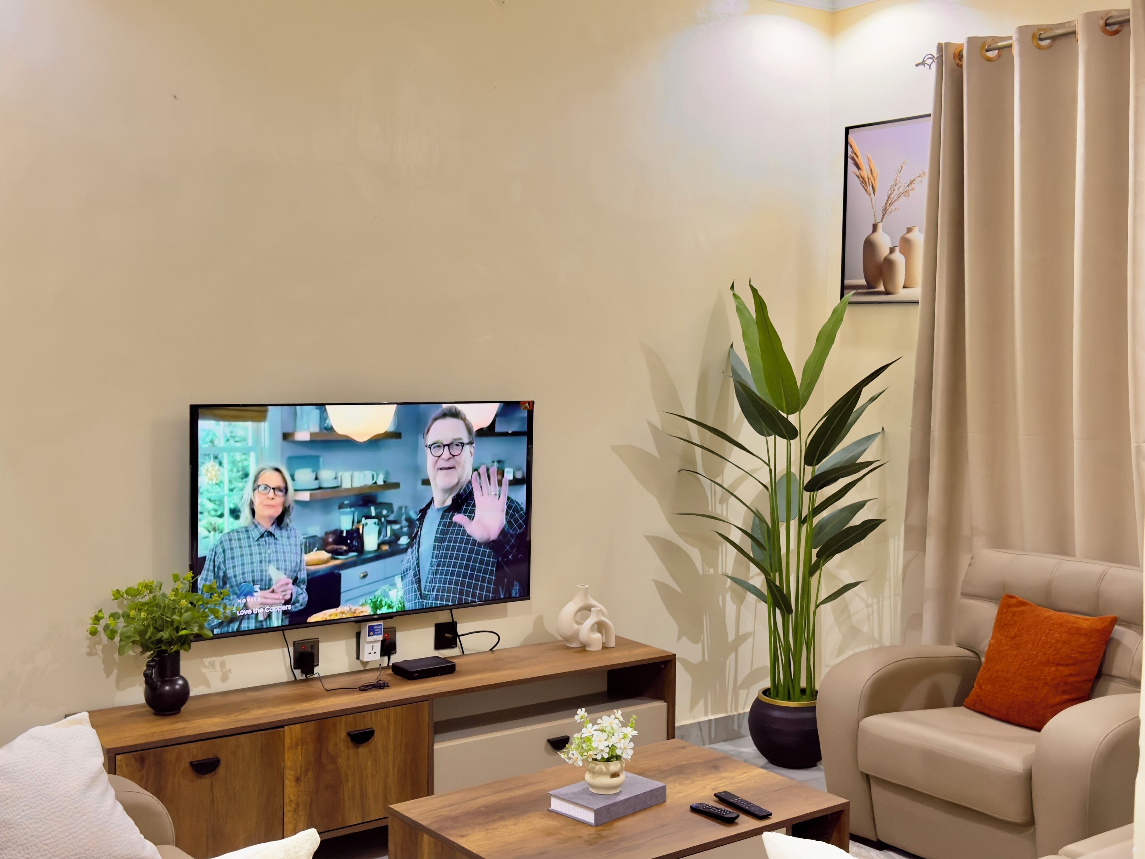 A living room with a television, a sofa, a coffee table, a plant, and a decorative vase.