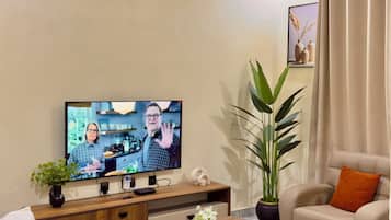 A living room with a television, a sofa, a coffee table, a plant, and a decorative vase.