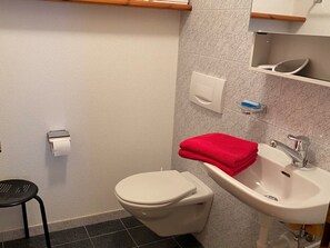 Ein Badezimmer mit Toilette, Waschbecken und einem Handtuch auf einem Regal.