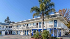 Un motel con varias habitaciones, un estacionamiento techado y una palmera en primer plano.
