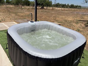Ein Außen-Whirlpool mit Bedienfeld, umgeben von Rasen und Bäumen.