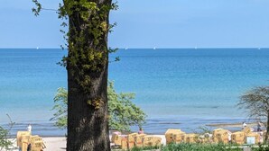 A tree-lined view with a clear blue sea and sailboats in the distance.