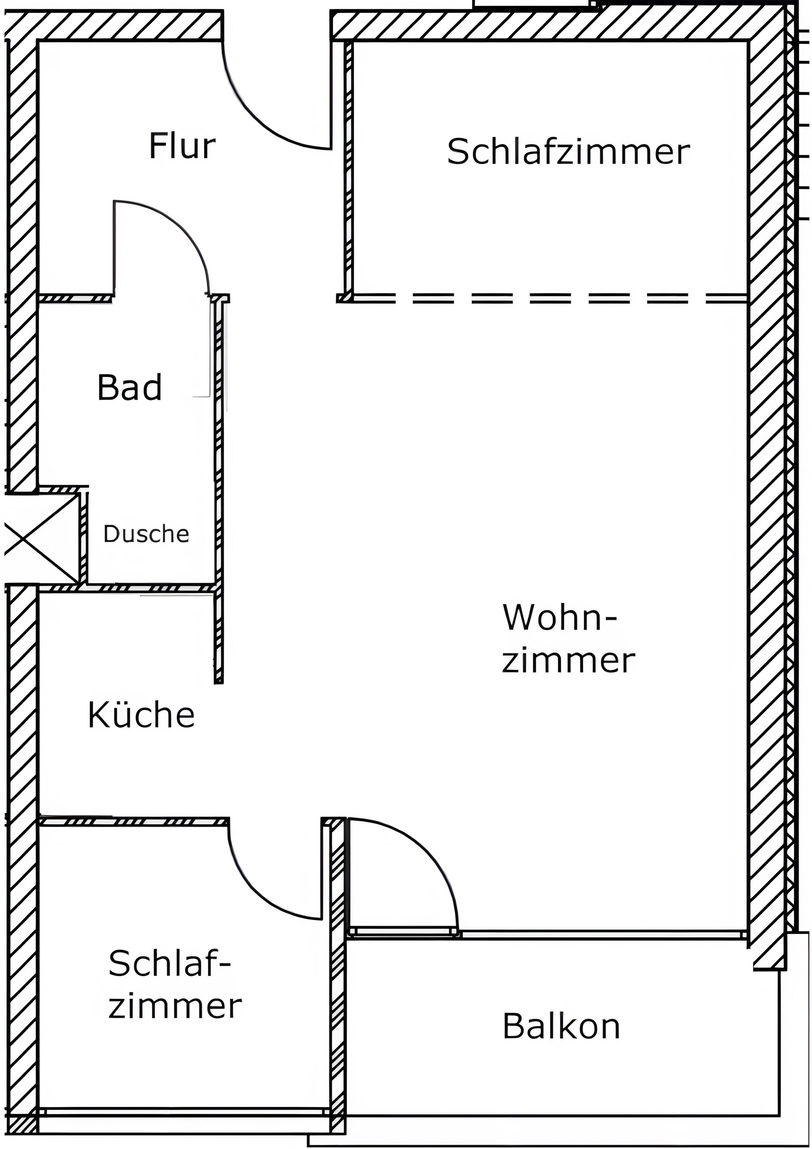 Plano de planta que muestra una sala de estar, dormitorio, baño, cocina y balcón.