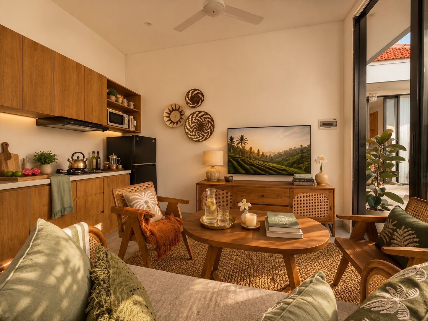 Ein modernes Wohnzimmer mit Küche, Essbereich und einem großen Fenster.