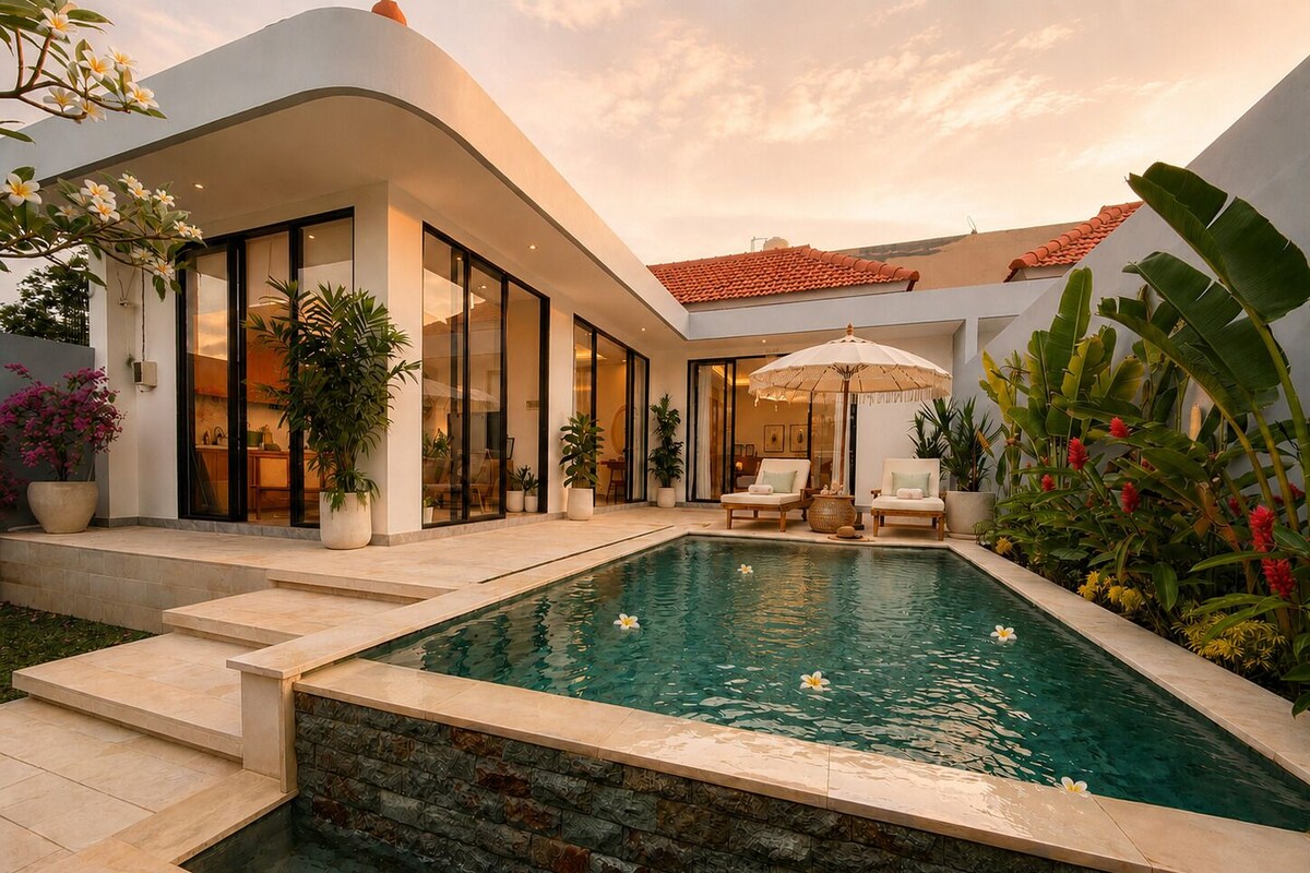 A modern house with a swimming pool, outdoor seating, and tropical plants.