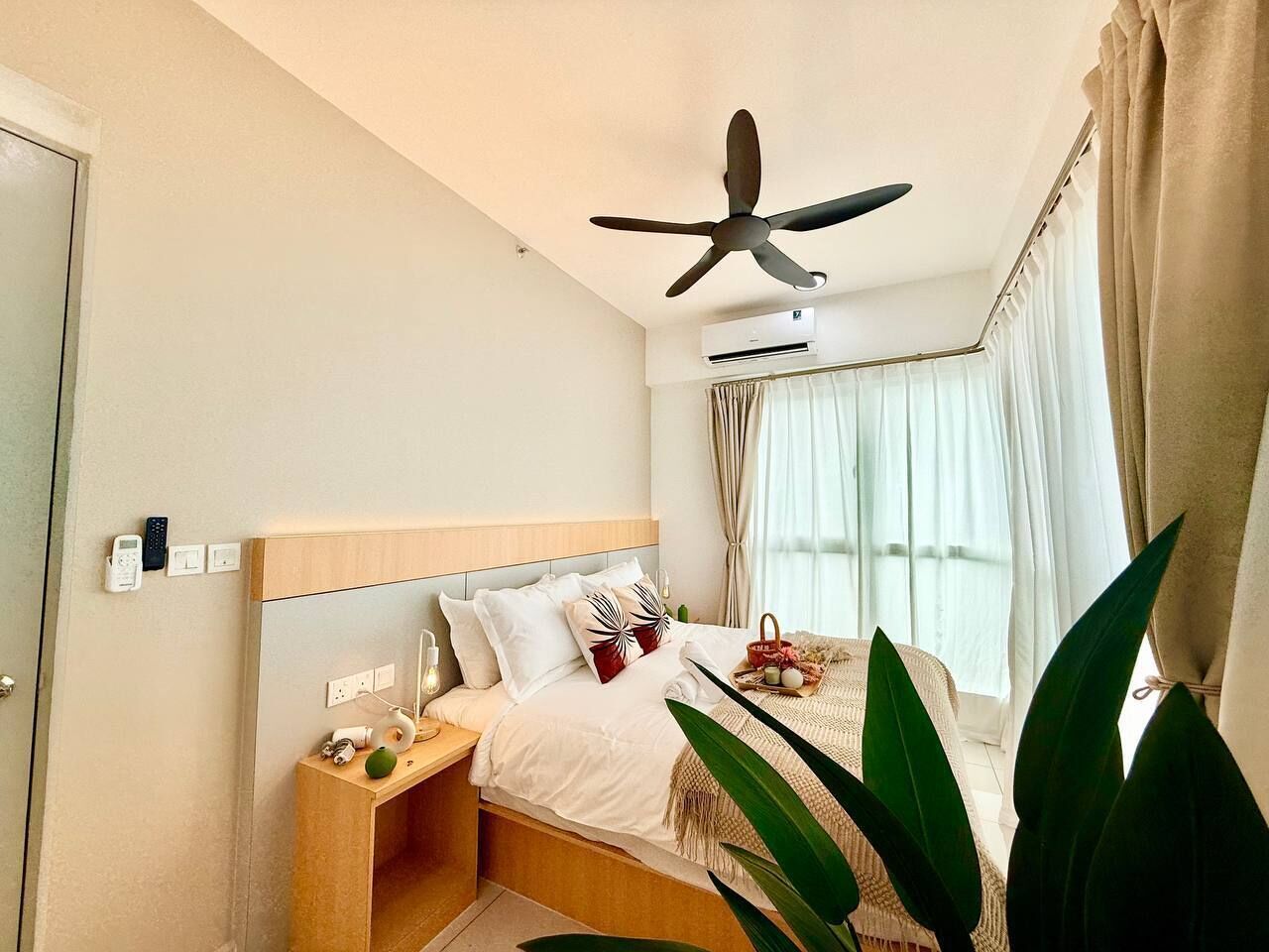 A hotel room with a bed, bedside table, nightstand, ceiling fan, window with curtains, and a potted plant.