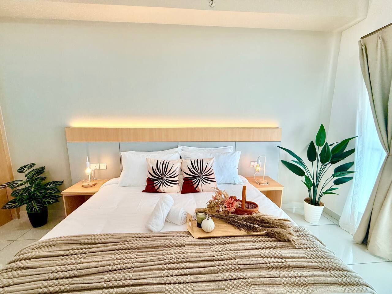 A hotel room with a bed, nightstands, a bedside lamp, a potted plant, and a window with curtains.