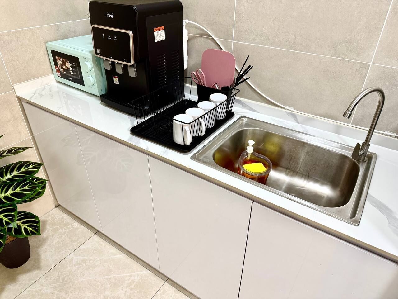 A kitchen with a coffee machine, a sink, and a plant.