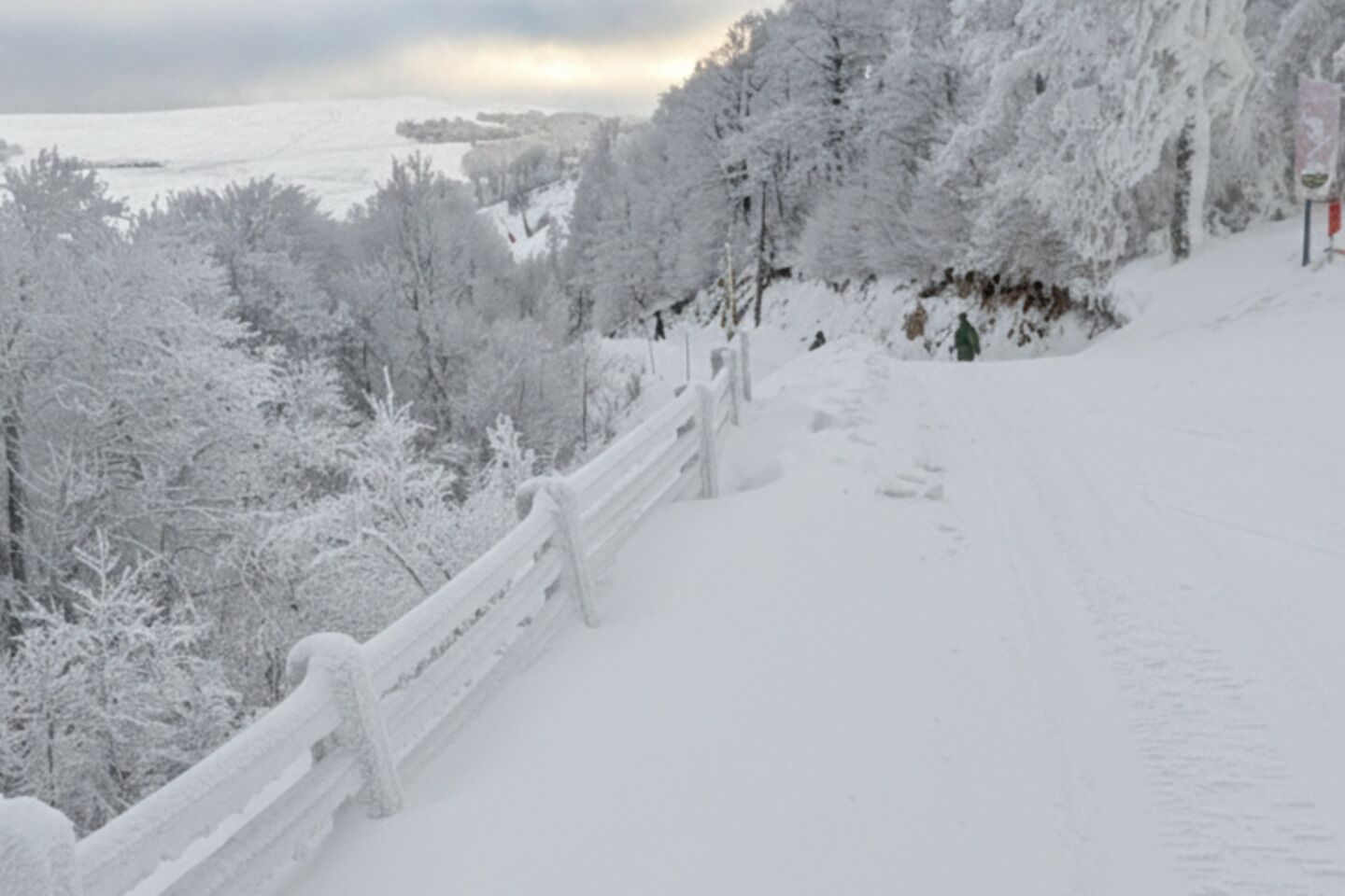 A snow-covered landscape with a wooden fence and trees.