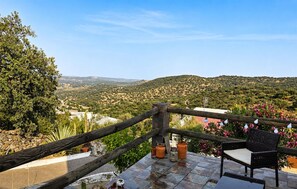 A terrace with a view of a hilly landscape, a wooden railing, and a wicker chair.