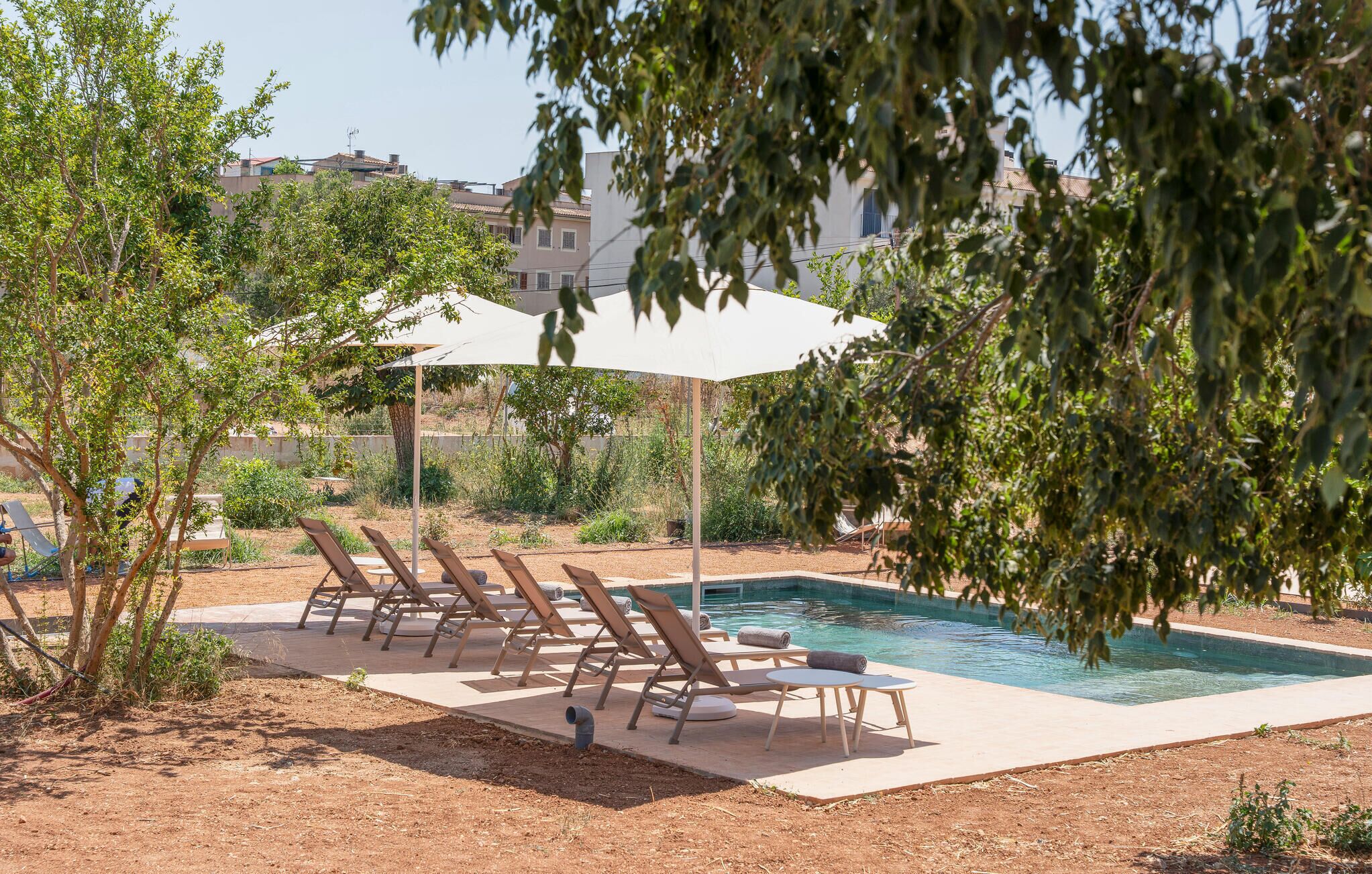 A pool area with lounge chairs and a canopy, surrounded by greenery and buildings in the background.