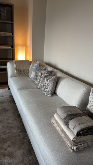 A modern living room with a sofa, patterned pillows, a lamp, and a bookshelf. - Luxury Apartment in Nice – Sea and Mountain Views, Near Monaco (Nice)
