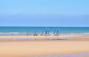 Une plage avec du matériel de planche à voile et des gens.