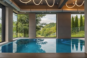Una piscina interior con vistas a una ladera boscosa.