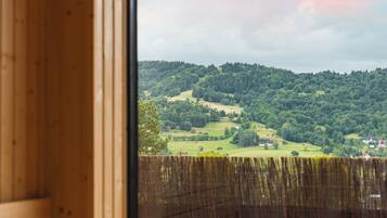A wooden interior with a view of a green landscape through a window.