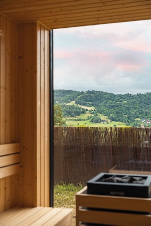 A wooden interior with a view of a green landscape through a window.