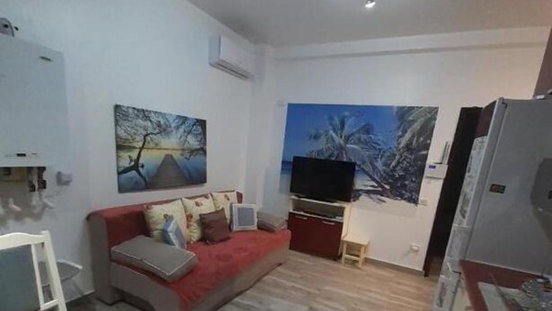 A compact living space with a sofa, a TV, a dining table, and a kitchen area. - Cozy 1-bedroom apartment in gorgeous Constanta with AC (Constanta)
