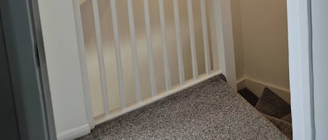 Un escalier avec une rampe blanche et un luminaire au-dessus.