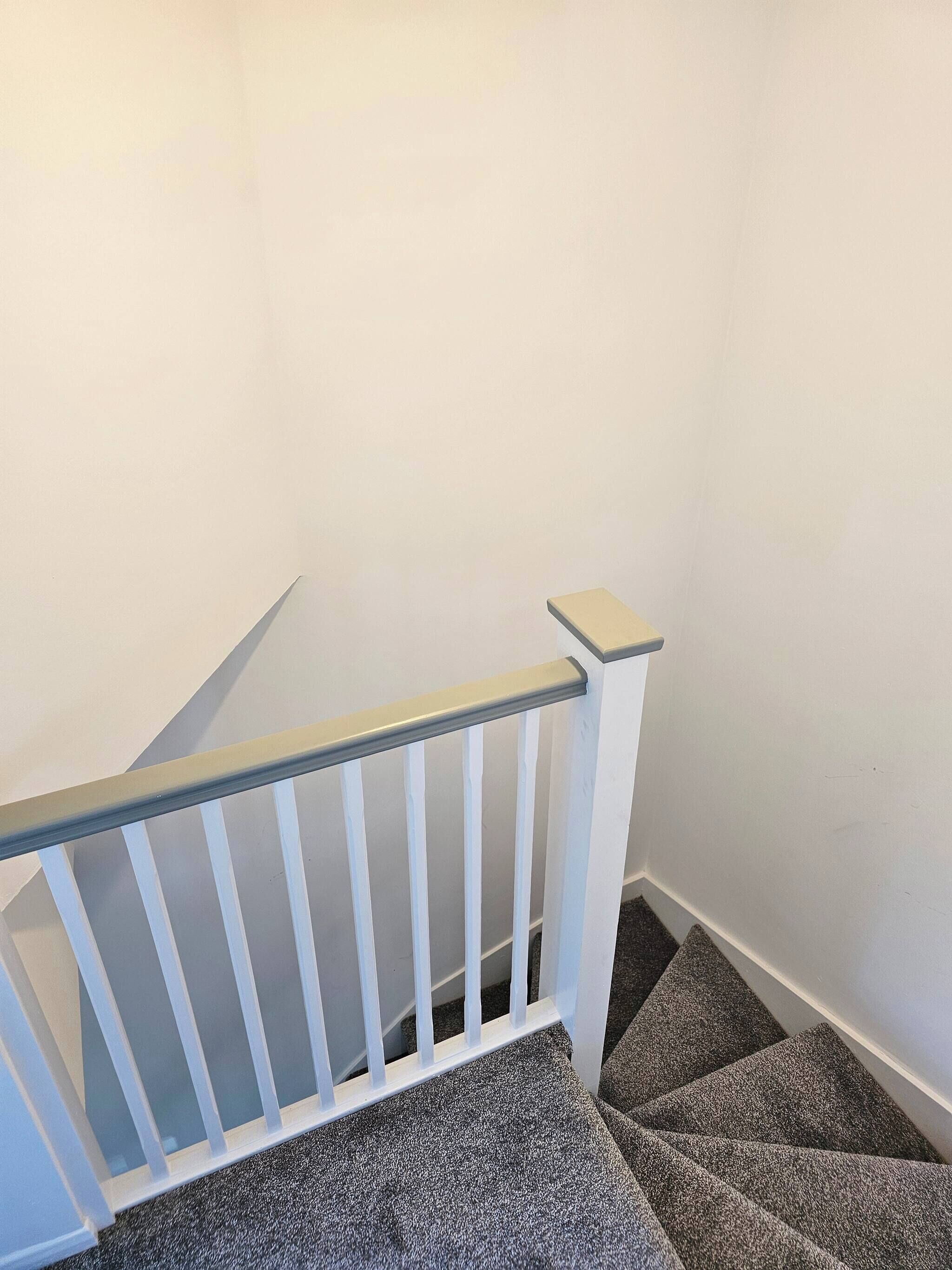 A staircase with a white railing and carpeted steps.