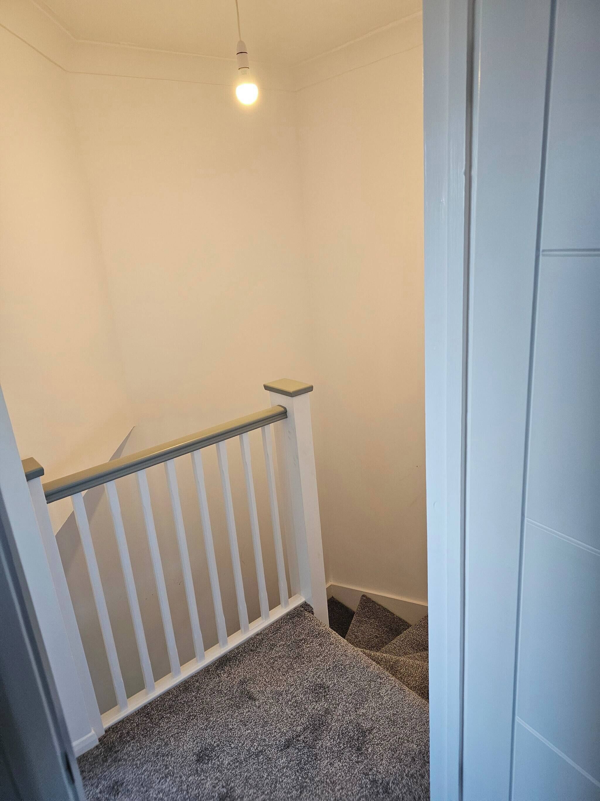 A staircase with a white railing, carpeted steps, and a light fixture.