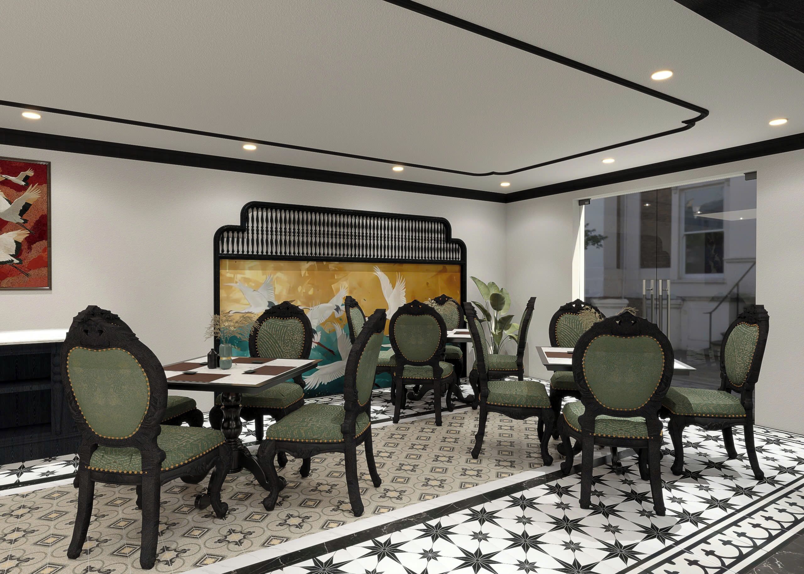 A dining area with a table and chairs, a decorative screen, and a painting on the wall.