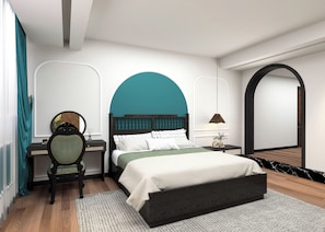 A modern bedroom with a bed, a desk, and a chair. - De Rond au Lac (Hanoi)