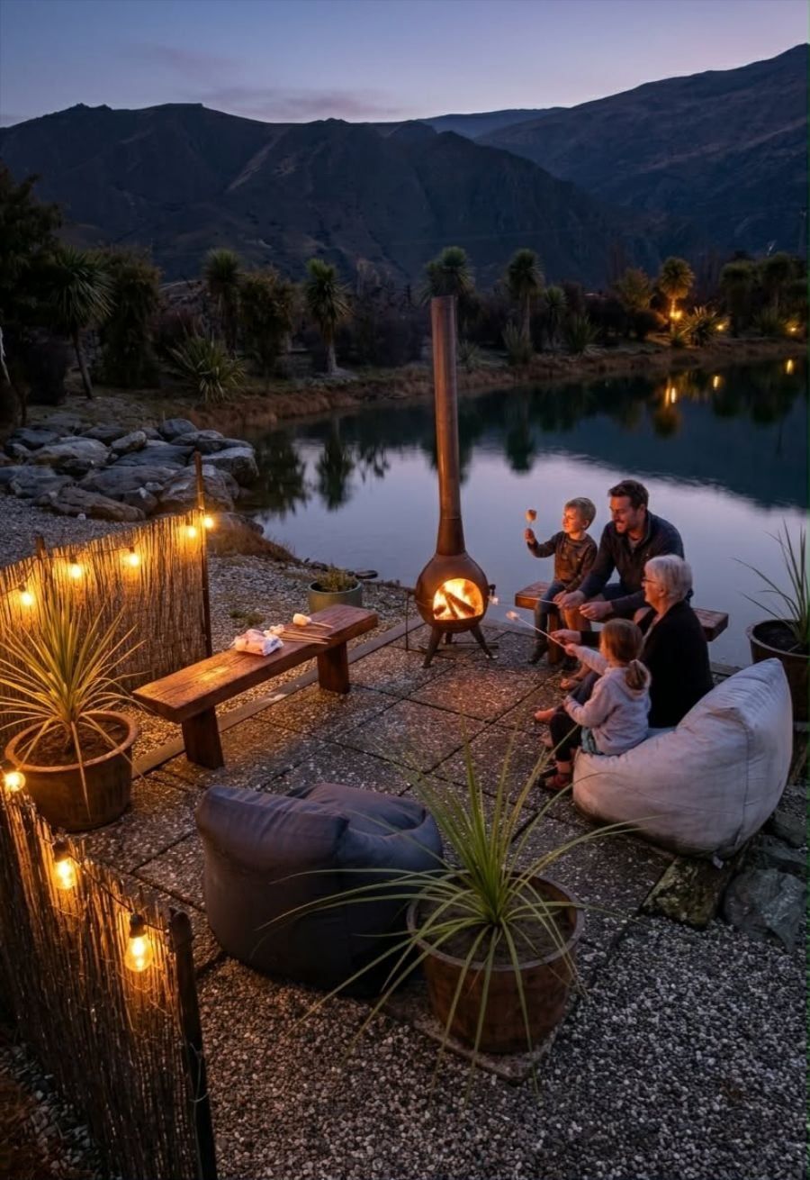 A lakeside outdoor seating area with a fire pit, benches, and potted plants.