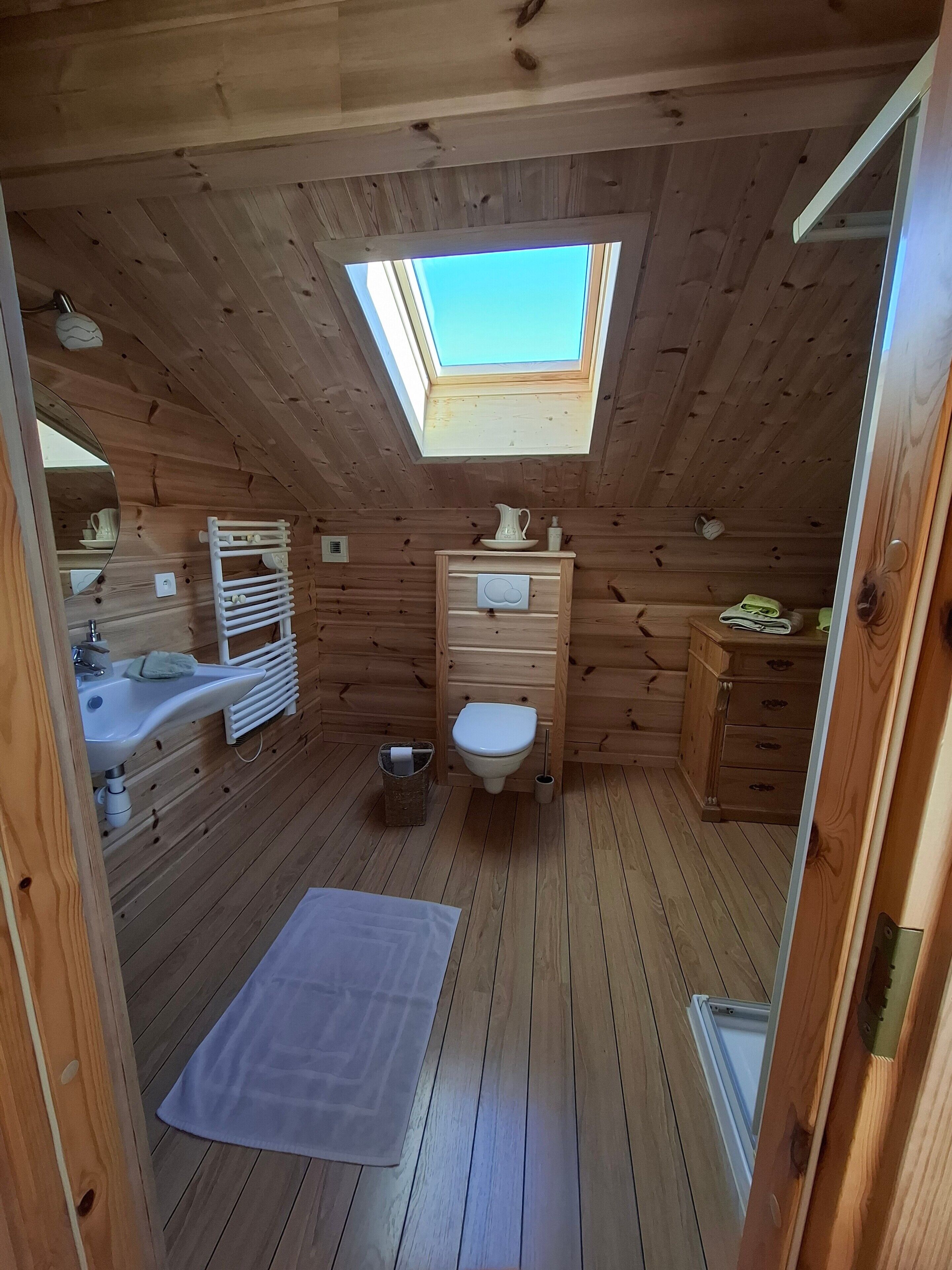 Une salle de bain rustique, aménagée dans une cabane en bois, avec un puits de lumière, un lavabo, des toilettes et un petit meuble de rangement.