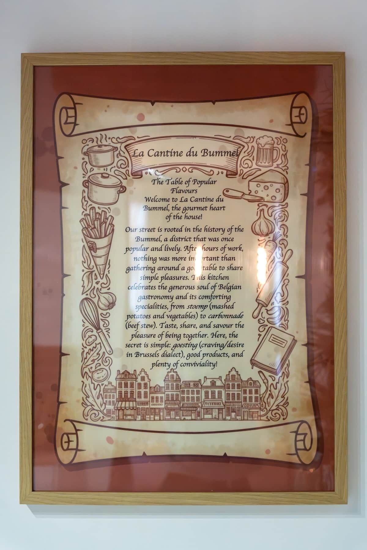 Un menu encadré intitulé «La Cantine du Bummel», agrémenté d’illustrations de plats et d’une vue de la ville.