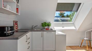 Coffee/tea maker, fridge, stovetop, dishwasher