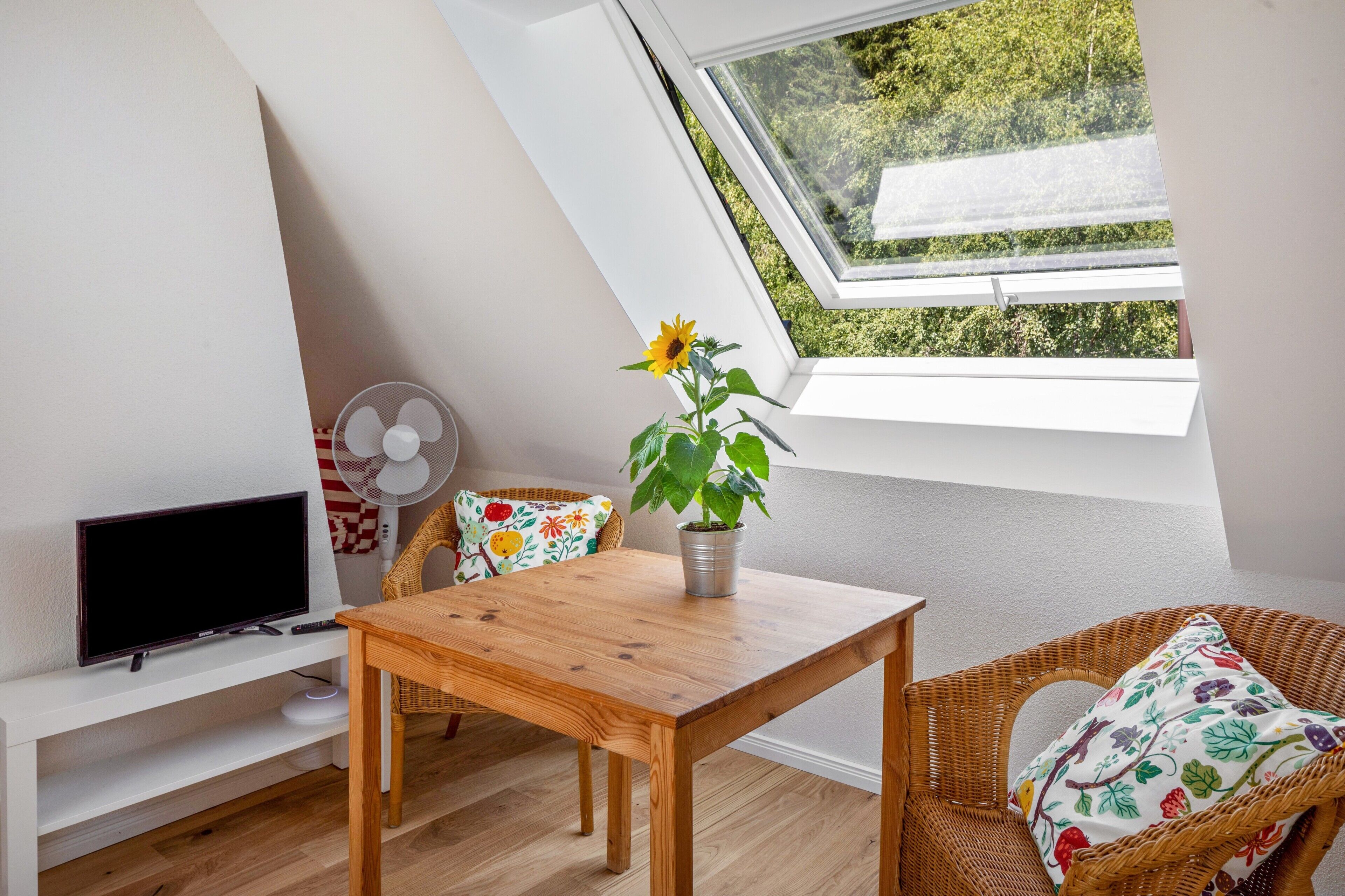 Ein Zimmer mit schräg gedachter Decke, einem Holztisch, einem Korbstuhl, einem Fernseher, einem Ventilator und einem Fenster mit Blick auf Grünflächen.