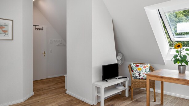 Una stanza con soffitto spiovente, una televisione su un supporto bianco, una sedia in vimini con cuscino a fiori, un tavolo di legno e una finestra con un girasole.